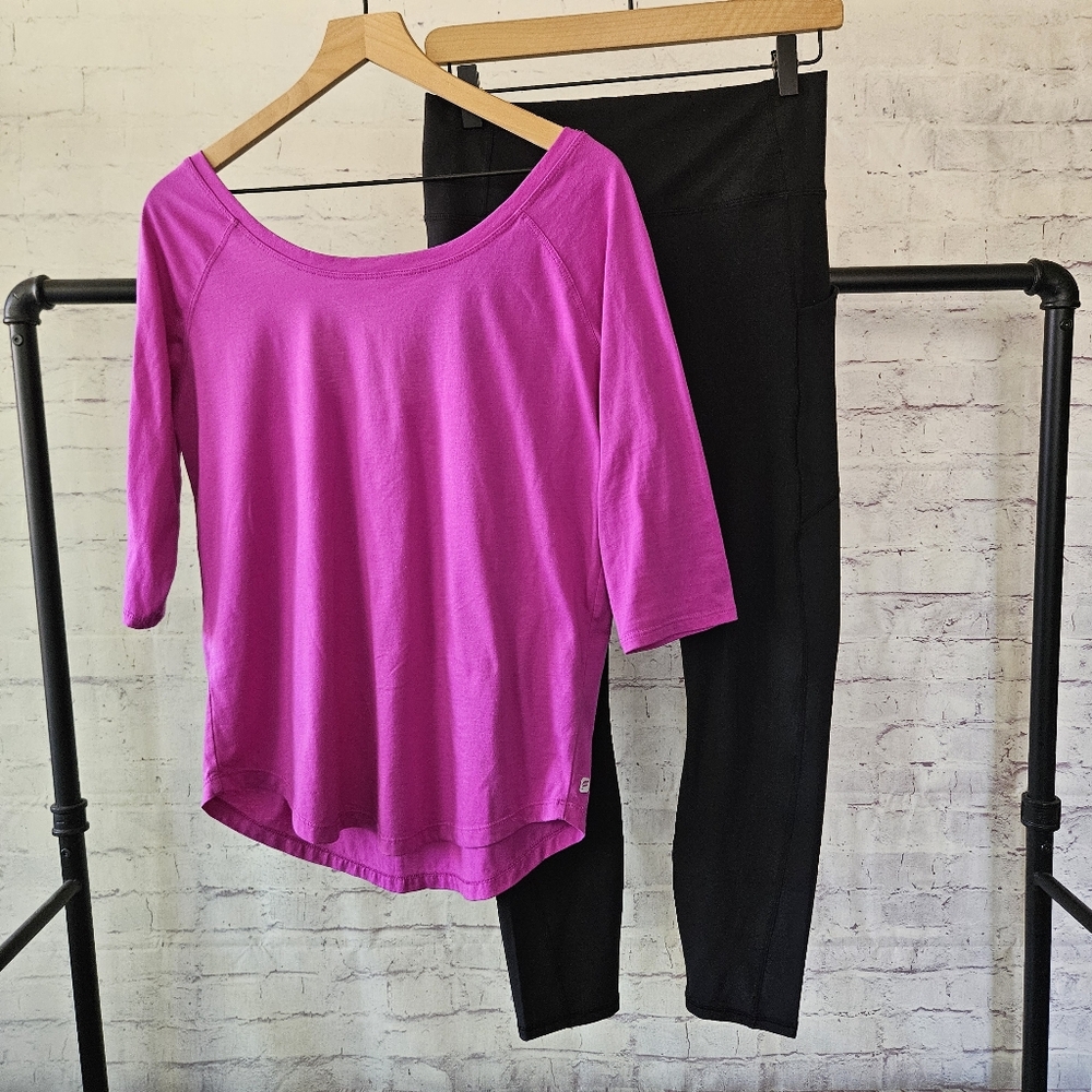 Fabletics Orchid 3/4 Sleeve Tee + Black PureLuxe Pocket Legging Set Medium